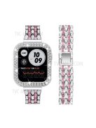 3 Rows Rhinestone Decor 5 Beads Stainless Steel Watchband Wrist Strap + PC Watch Case Protective Cover for Apple Watch Series 6/5/4/SE 40mm - Silver/Rose/Silver