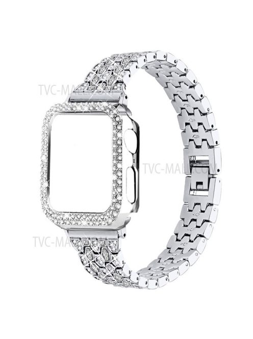 3 Rows Rhinestone Decor 5 Beads Stainless Steel Watchband Wrist Strap + PC Watch Case Protective Cover for Apple Watch Series 6/5/4/SE 40mm - Silver/Transparent/Transparent