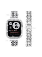 3 Rows Rhinestone Decor 5 Beads Stainless Steel Watchband Wrist Strap + PC Watch Case Protective Cover for Apple Watch Series 6/5/4/SE 40mm - Silver/Transparent/Transparent