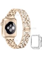 5 Beads Rhinestone Decor Stainless Steel Watch Strap + PC Watch Case Protective Cover for Apple Watch Series 7 45mm - Gold