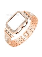 5 Beads Rhinestone Decor Stainless Steel Watch Strap + PC Watch Case Protective Cover for Apple Watch Series 7 45mm - Rose Gold