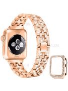 5 Beads Rhinestone Decor Stainless Steel Watch Strap + PC Watch Case Protective Cover for Apple Watch Series 7 45mm - Rose Gold