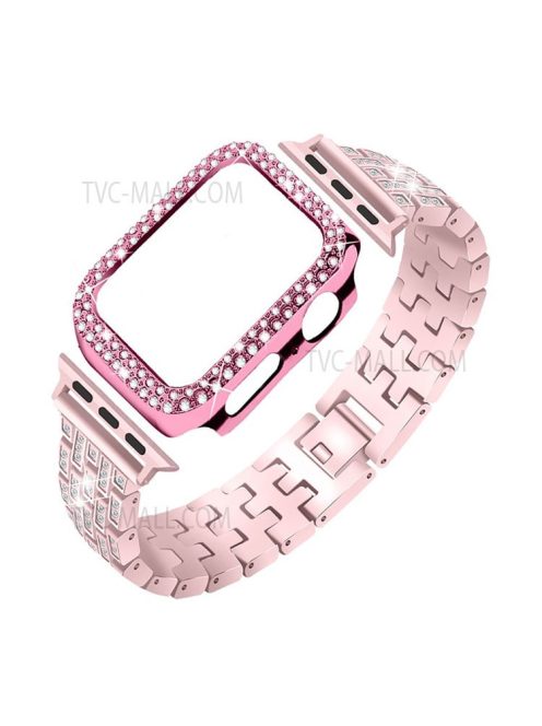 5 Beads Rhinestone Decor Stainless Steel Watch Strap + PC Watch Case Protective Cover for Apple Watch Series 7 45mm - Rose Pink