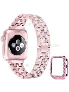 5 Beads Rhinestone Decor Stainless Steel Watch Strap + PC Watch Case Protective Cover for Apple Watch Series 7 45mm - Rose Pink