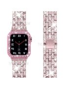 5 Beads Rhinestone Decor Stainless Steel Watch Strap + PC Watch Case Protective Cover for Apple Watch Series 7 45mm - Rose Pink