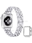 5 Beads Rhinestone Decor Stainless Steel Watch Strap + PC Watch Case Protective Cover for Apple Watch Series 7 45mm - Silver