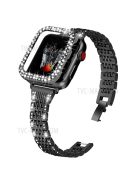 7 Beads Stainless Steel Rhinestone Watch Strap + Scratch-resistant PC Watch Case Cover Replacement for Apple Watch Series 7 45mm - Black