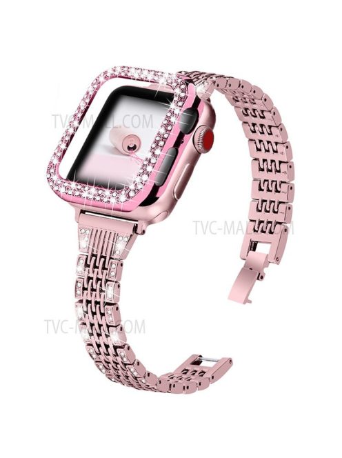 7 Beads Stainless Steel Rhinestone Watch Strap + Scratch-resistant PC Watch Case Cover Replacement for Apple Watch Series 7 45mm - Rose Pink