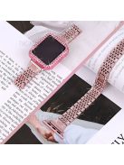 7 Beads Stainless Steel Rhinestone Watch Strap + Scratch-resistant PC Watch Case Cover Replacement for Apple Watch Series 7 45mm - Rose Pink