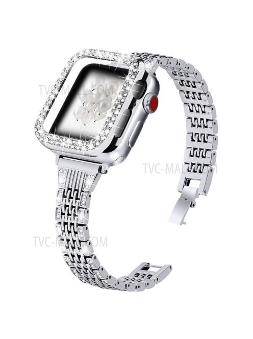 7 Beads Stainless Steel Rhinestone Watch Strap + Scratch-resistant PC Watch Case Cover Replacement for Apple Watch Series 7 45mm - Silver