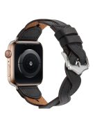 A030 For Apple Watch Series 10 42mm / 9 8 7 41mm / 6 5 4 SE SE (2022) SE (2023) 40mm / 3 2 1 38mm Stylish Woven Design Watch Strap Top Layer Cowhide Leather Adjustable Wrist Band - Black