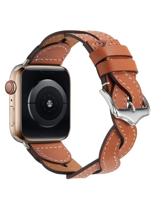 A030 For Apple Watch Series 10 42mm / 9 8 7 41mm / 6 5 4 SE SE (2022) SE (2023) 40mm / 3 2 1 38mm Stylish Woven Design Watch Strap Top Layer Cowhide Leather Adjustable Wrist Band - Brown