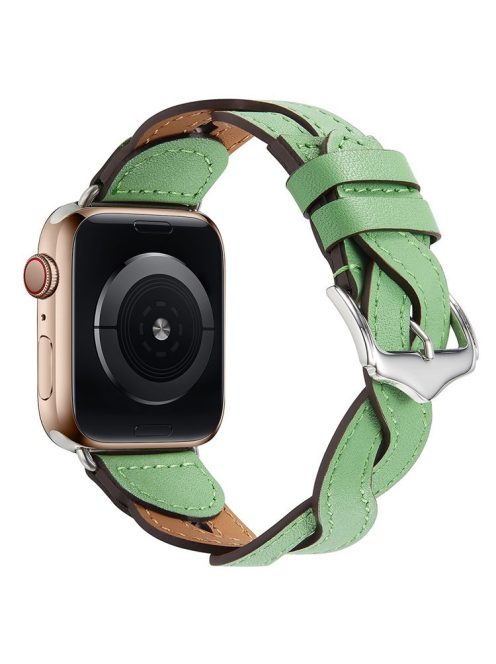 A030 For Apple Watch Series 10 42mm / 9 8 7 41mm / 6 5 4 SE SE (2022) SE (2023) 40mm / 3 2 1 38mm Stylish Woven Design Watch Strap Top Layer Cowhide Leather Adjustable Wrist Band - Green