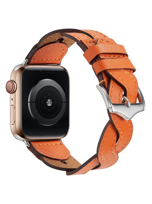 A030 For Apple Watch Series 10 42mm / 9 8 7 41mm / 6 5 4 SE SE (2022) SE (2023) 40mm / 3 2 1 38mm Stylish Woven Design Watch Strap Top Layer Cowhide Leather Adjustable Wrist Band - Orange