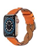 A030 For Apple Watch Series 10 42mm / 9 8 7 41mm / 6 5 4 SE SE (2022) SE (2023) 40mm / 3 2 1 38mm Stylish Woven Design Watch Strap Top Layer Cowhide Leather Adjustable Wrist Band - Orange