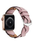 A030 For Apple Watch Series 10 42mm / 9 8 7 41mm / 6 5 4 SE SE (2022) SE (2023) 40mm / 3 2 1 38mm Stylish Woven Design Watch Strap Top Layer Cowhide Leather Adjustable Wrist Band - Pink