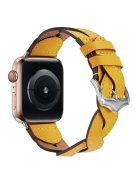 A030 For Apple Watch Series 10 42mm / 9 8 7 41mm / 6 5 4 SE SE (2022) SE (2023) 40mm / 3 2 1 38mm Stylish Woven Design Watch Strap Top Layer Cowhide Leather Adjustable Wrist Band - Yellow