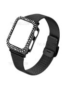 Adjustable Buckle Closure Stainless Steel Milanese Smart Watch Wristband Replacement + Rhinestone Watch Protective Case for Apple Watch Series 3/2/1 42mm - Black