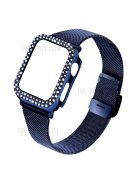 Adjustable Buckle Closure Stainless Steel Milanese Smart Watch Wristband Replacement + Rhinestone Watch Protective Case for Apple Watch Series 3/2/1 42mm - Blue