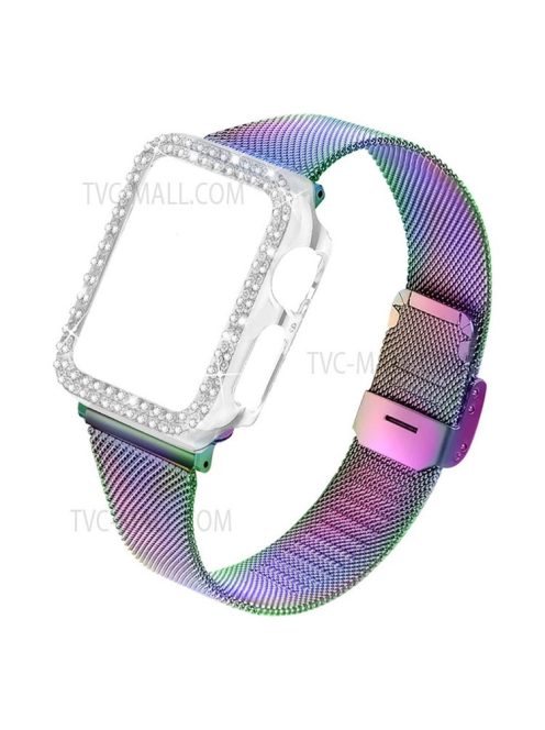 Adjustable Buckle Closure Stainless Steel Milanese Smart Watch Wristband Replacement + Rhinestone Watch Protective Case for Apple Watch Series 3/2/1 42mm - Multi-color