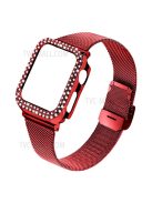 Adjustable Buckle Closure Stainless Steel Milanese Smart Watch Wristband Replacement + Rhinestone Watch Protective Case for Apple Watch Series 3/2/1 42mm - Red