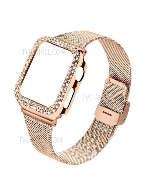 Adjustable Buckle Closure Stainless Steel Milanese Smart Watch Wristband Replacement + Rhinestone Watch Protective Case for Apple Watch Series 3/2/1 42mm - Rose Gold