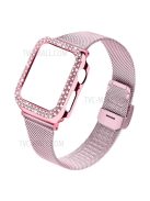 Adjustable Buckle Closure Stainless Steel Milanese Smart Watch Wristband Replacement + Rhinestone Watch Protective Case for Apple Watch Series 3/2/1 42mm - Rose Pink