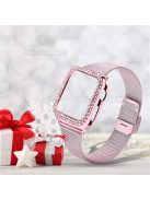 Adjustable Buckle Closure Stainless Steel Milanese Smart Watch Wristband Replacement + Rhinestone Watch Protective Case for Apple Watch Series 3/2/1 42mm - Rose Pink