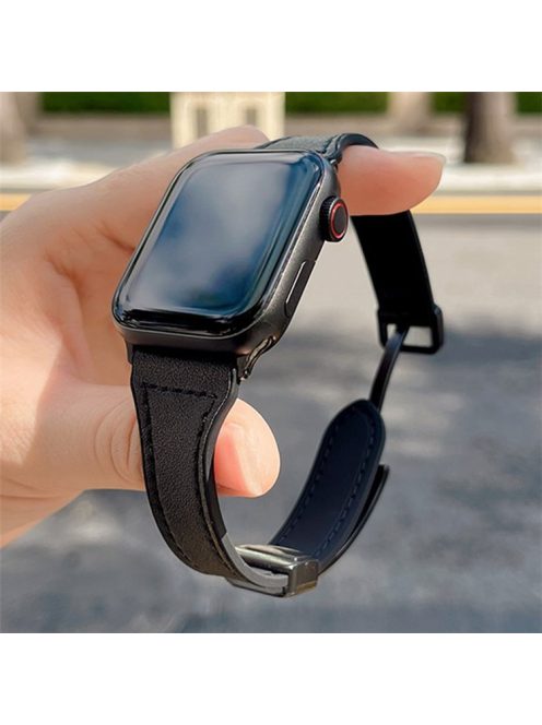 AW For Apple Watch 10 46mm / Ultra 2 / Ultra 49mm / 9 8 7 45mm / SE (2023) SE (2022) SE 6 5 4 44mm / 3 2 1 42mm Leather Bracelet Strap - Black