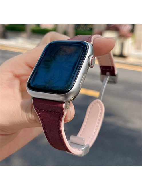 AW For Apple Watch 10 46mm / Ultra 2 / Ultra 49mm / 9 8 7 45mm / SE (2023) SE (2022) SE 6 5 4 44mm / 3 2 1 42mm Leather Bracelet Strap - Wine Red