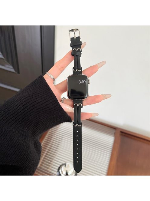 Band For Apple Watch Series 10 42mm / 9 8 7 41mm / 6 5 4 SE (2023) SE (2022) SE 40mm / 3 2 1 38mm Genuine Cow Leather Wrist Strap - Black / Silver Buckle