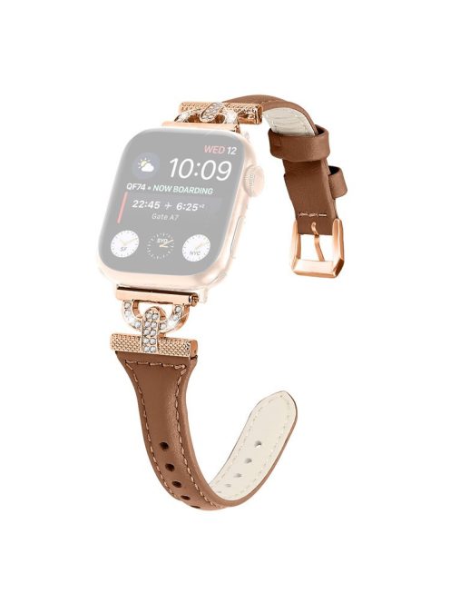 Band for Apple Watch Series 10 46mm / Ultra 2 Ultra 49mm /  Series 9 8 7 45mm / 6 5 4 SE (2023) SE (2022) SE 44mm / 3 2 1 42mm , Rhinestone Genuine Cow Leather Strap with Rose Gold Buckle - Brown