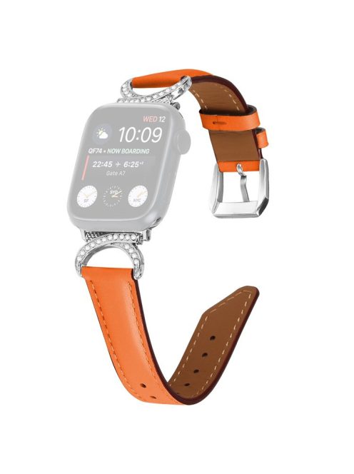 Band for Apple Watch Series 10 46mm / Ultra 2 Ultra 49mm /  Series 9 8 7 45mm / 6 5 4 SE (2023) SE (2022) SE 44mm / 3 2 1 42mm Genuine Cowhide Leather Rhinestone Strap with Silver Buckle - Orange