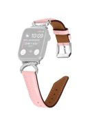 Band for Apple Watch Series 10 46mm / Ultra 2 Ultra 49mm /  Series 9 8 7 45mm / 6 5 4 SE (2023) SE (2022) SE 44mm / 3 2 1 42mm Genuine Cowhide Leather Rhinestone Strap with Silver Buckle - Pink