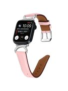 Band for Apple Watch Series 10 46mm / Ultra 2 Ultra 49mm /  Series 9 8 7 45mm / 6 5 4 SE (2023) SE (2022) SE 44mm / 3 2 1 42mm Genuine Cowhide Leather Rhinestone Strap with Silver Buckle - Pink