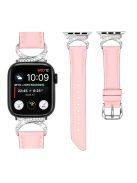 Band for Apple Watch Series 10 46mm / Ultra 2 Ultra 49mm /  Series 9 8 7 45mm / 6 5 4 SE (2023) SE (2022) SE 44mm / 3 2 1 42mm Genuine Cowhide Leather Rhinestone Strap with Silver Buckle - Pink