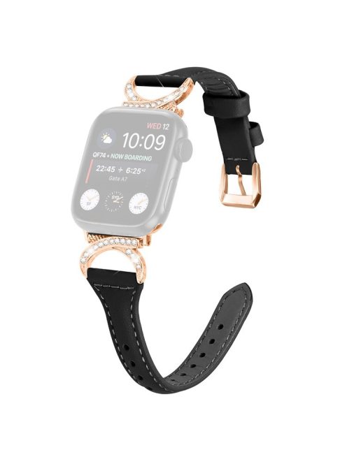 Band for Apple Watch Series 10 46mm / Ultra 2 Ultra 49mm /  Series 9 8 7 45mm / 6 5 4 SE (2023) SE (2022) SE 44mm / 3 2 1 42mm Genuine Cowhide Leather Watch Strap with Rose Gold Buckle - Black