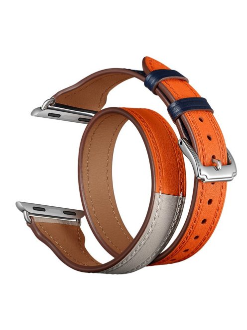 Bi-Colored Dual-Circle Design Genuine Leather Replacement Watch Strap for Apple Watch Series 10 46mm / Ultra 2 Ultra 49mm / 9 8 7 45mm / SE (2023) SE (2022) SE 6 5 4 44mm / 3 2 1 42mm - Orange+Dark Blue+White