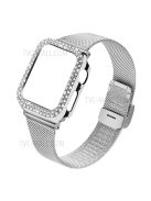 Buckle Closure Freely-Adjust Design Stainless Steel Milanese Smart Watch Wristband Replacement + Rhinestone Watch Protective Case for Apple Watch Series 3/2/1 42mm - Silver