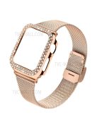 Buckle Closure Milanese Smart Watch Wristband + Rhinestone Watch Protective Case Replacement Bracelet for Apple Watch SE 44mm / SE (2022) 44mm / Series 6 / 5 / 4 44mm - Rose Gold