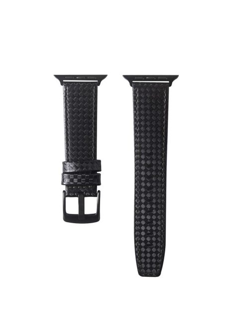 Carbon Fiber Texture Genuine Leather Watch Band for Apple Watch Series 10 46mm / Ultra 2 Ultra 49mm / 9 8 7 45mm / SE (2023) SE (2022) SE 6 5 4 44mm / 3 2 1 42mm - All Black