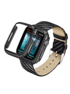 Carbon Fiber Texture Hard PC Protective Watch Case Genuine Leather Watchband Strap for Apple Watch Ultra 49mm / Series 8 45mm / 7 45mm