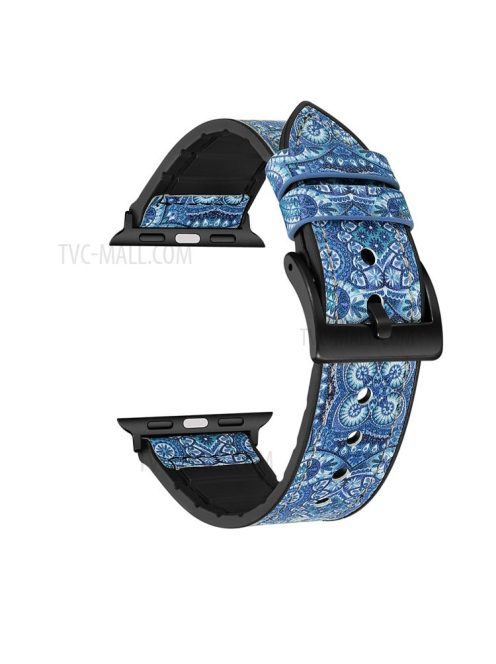 Color PU Leather + Silicone Watch Strap for Apple Watch Series 10 42mm / 9 8 7 41mm / 6 5 4 SE SE (2022) SE (2023) 40mm / 3 2 1 38mm - Blue Flower Pattern