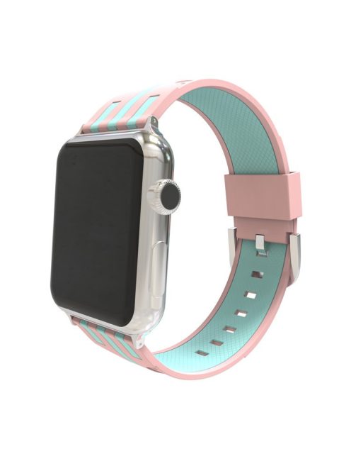 Contrast Color Stripe Flexible Silicone Watch Band for Apple Watch Series 10 42mm / 9 8 7 41mm / SE (2023) SE (2022) SE 6 5 4 40mm / 3 2 1 38mm - Pink Outer / Cyan Inside