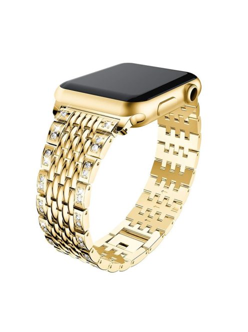 Double Row Rhinestone Decorative Watchband Metal Smart Watch Strap for Apple Watch Series 10 46mm / Ultra 2 Ultra 49mm / 9 8 7 45mm / SE (2023) SE (2022) SE 6 5 4 44mm / 3 2 1 42mm -Gold