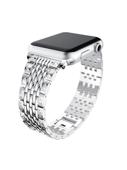 Double Row Rhinestone Decorative Watchband Metal Smart Watch Strap for Apple Watch Series 10 46mm / Ultra 2 Ultra 49mm / 9 8 7 45mm / SE (2023) SE (2022) SE 6 5 4 44mm / 3 2 1 42mm -Silver