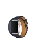 Double Tour Contrast Color Genuine Leather Watch Band for Apple Watch Series 10 42mm / 9 8 7 41mm / SE (2023) SE (2022) SE 6 5 4 40mm / 3 2 1 38mm - Dark Blue