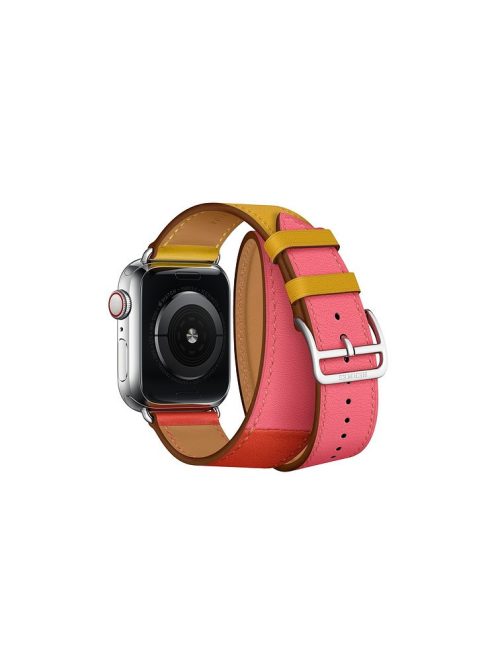 Double Tour Contrast Color Genuine Leather Watch Band for Apple Watch Series 10 46mm / Ultra 2 Ultra 49mm / 9 8 7 45mm / SE (2023) SE (2022) SE 6 5 4 44mm / 3 2 1 42mm - Red / Yellow / Pink