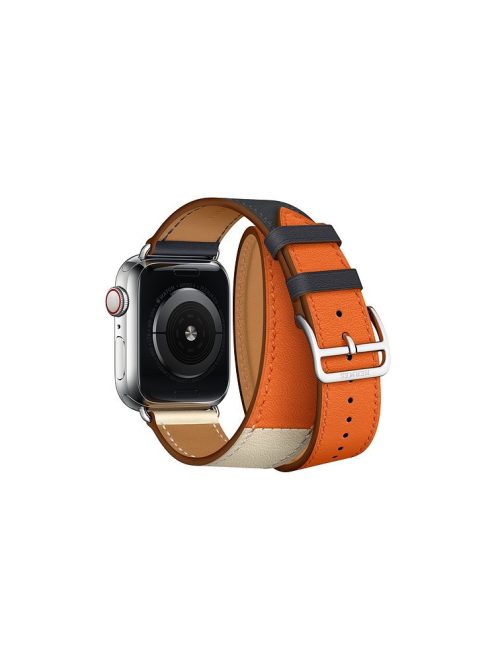 Double Tour Contrast Color Genuine Leather Watch Strap for Apple Watch Series 10 42mm / 9 8 7 41mm / SE (2023) SE (2022) SE 6 5 4 40mm / 3 2 1 38mm - White / Dark Blue / Orange