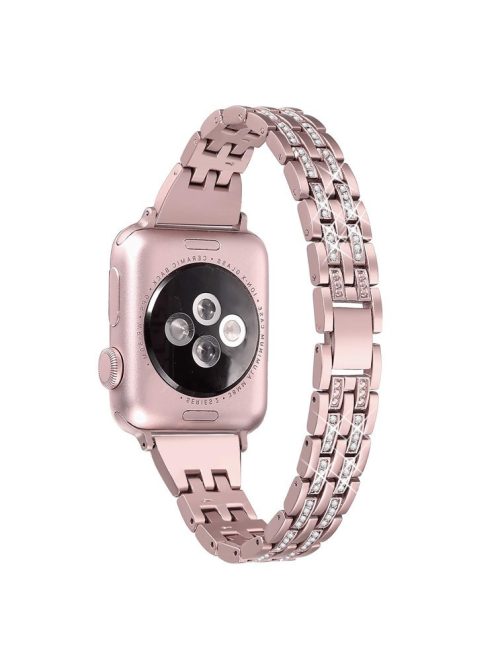 Double-Row Rhinestone Decor Stainless Steel Watch Band Replacement for Apple Watch Series 10 42mm / 9 8 7 41mm / SE (2023) SE (2022) SE 6 5 4 40mm / 3 2 1 38mm- Rose Gold